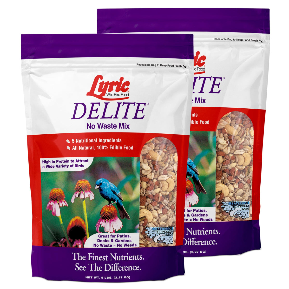 Lyric Delite wild bird seed in outdoor feeders delivers fresh, waste-free nutrition.