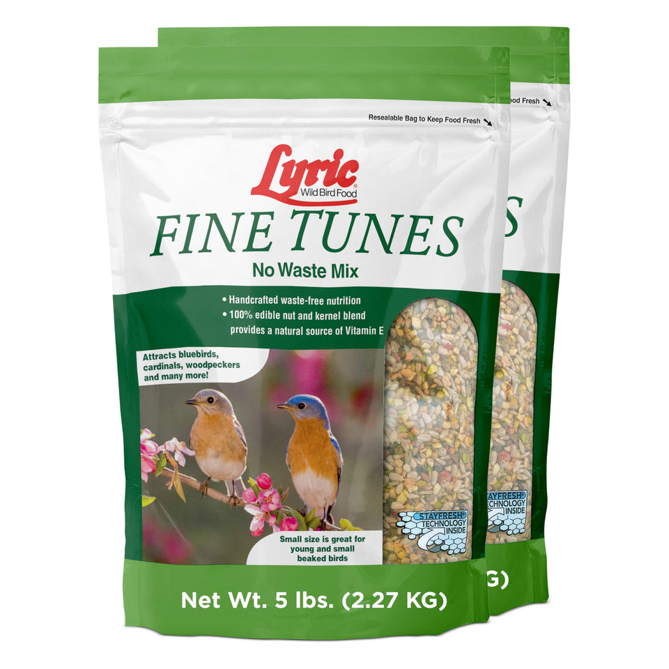 Lyric Fine Tunes wild bird seed bags showing a no-waste blend for clean backyard feeding.