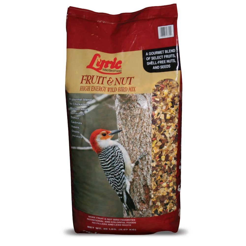 Lyric Fruit and Nut Wild Bird Seed bag front view, premium mix for energetic backyard birds.