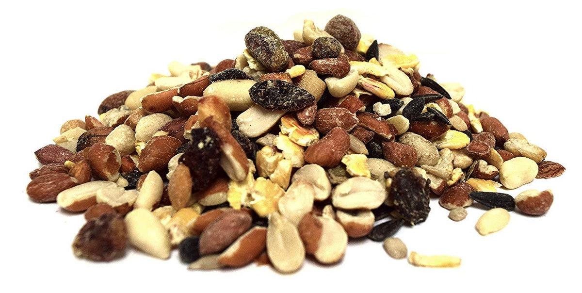 Lyric fruit and nut close-up highlighting premium mix for backyard birds.