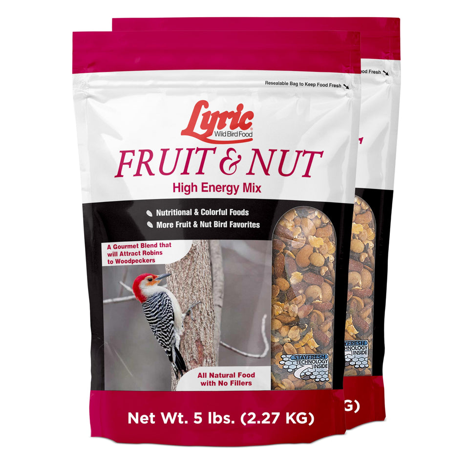 Lyric Fruit and Nut Wild Bird Seed in a feeder attracts woodpeckers and songbirds.