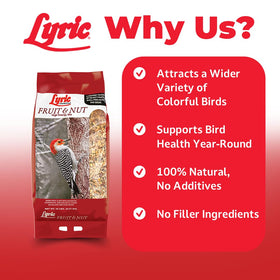 Lyric mix with dried fruits and nuts fuels busy backyard birds near the feeder.