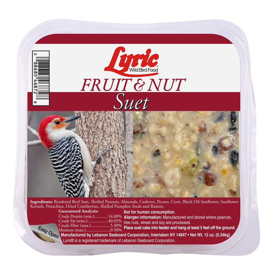 Lyric fruit and nut suet cakes packaging highlight natural ingredients for backyard feeding.