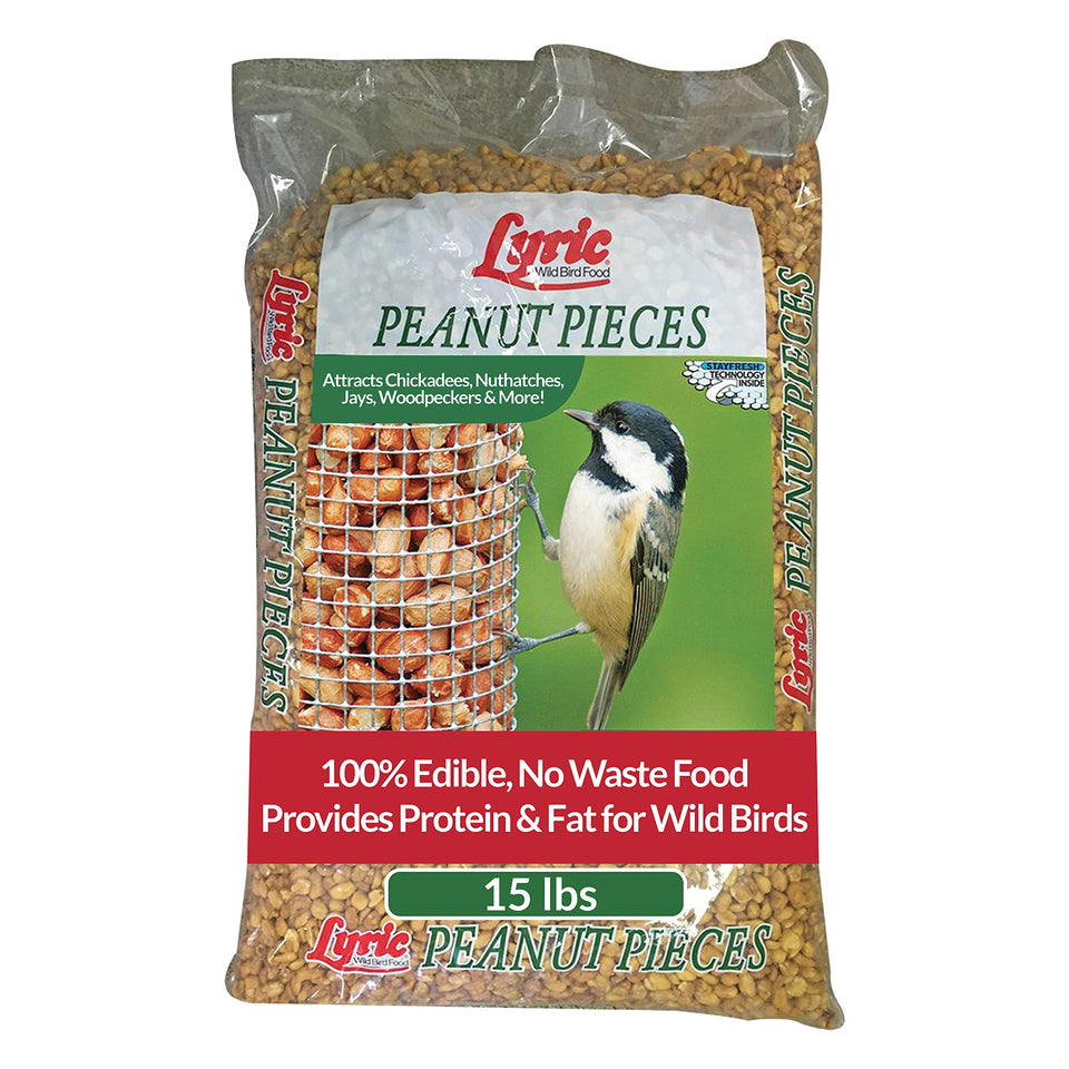 Lyric Peanut Pieces bag close-up showing shelled peanuts for backyard birds, a protein-rich snack