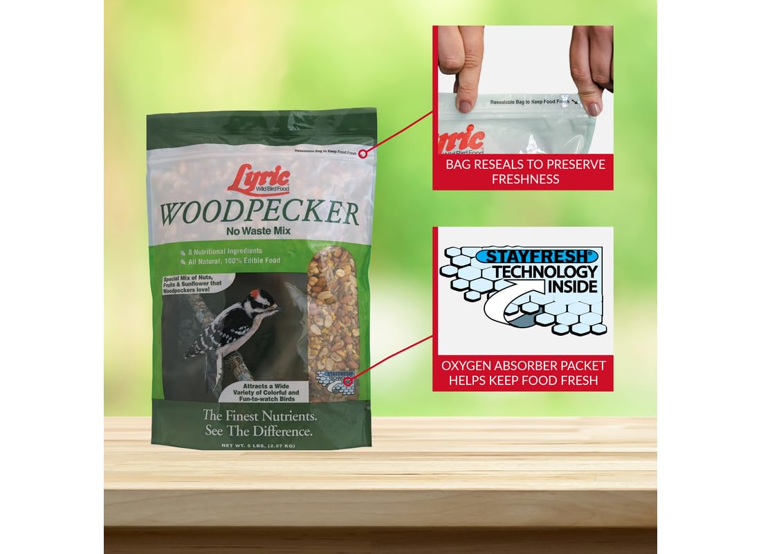 Lyric Woodpecker oxygen scavenger packet keeps seed fresh outdoors