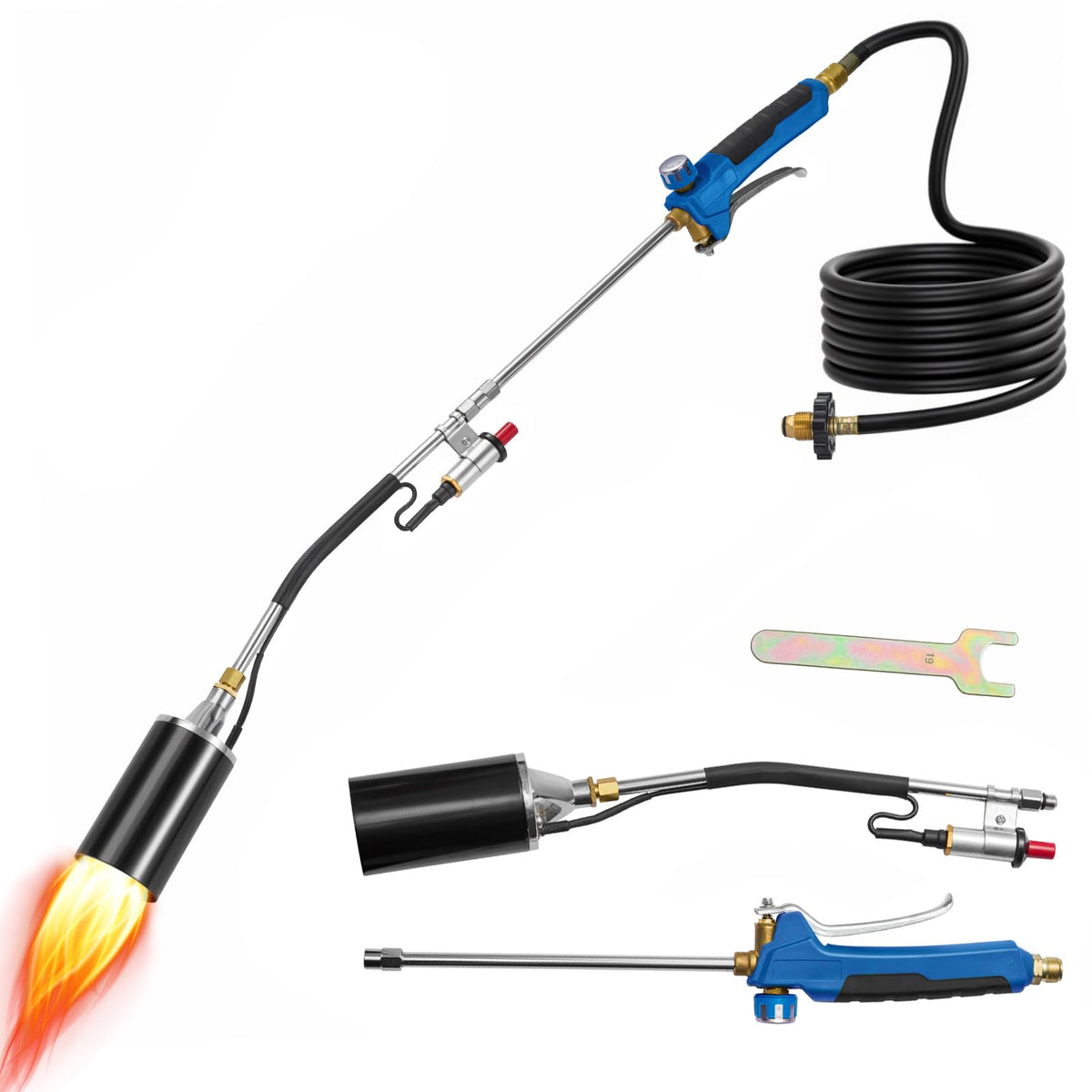 LZONEY propane torch weed burner in action showing high heat for outdoor flame application.