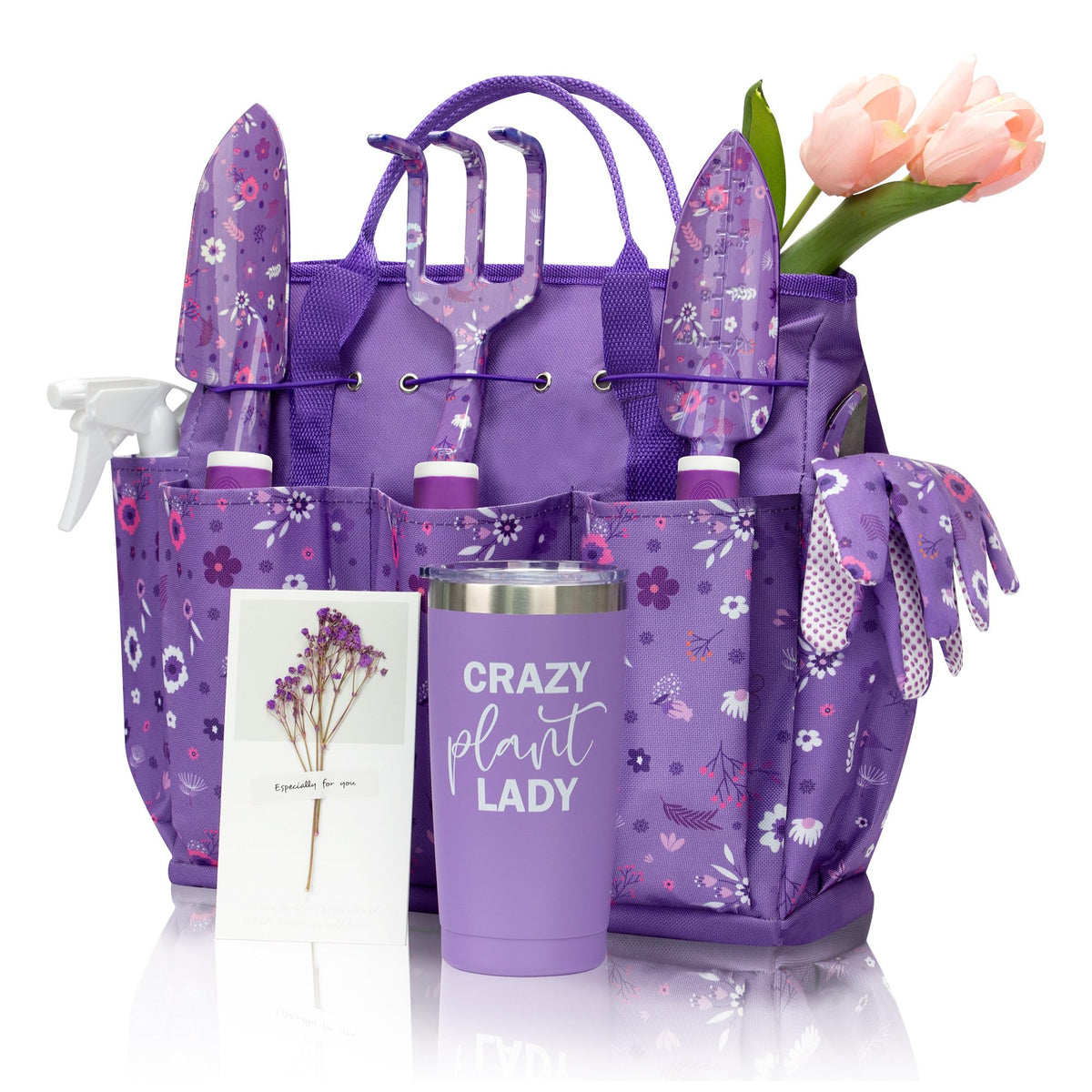 LZPTYYSN gardening tool set with floral print keeps tools organized in a purple tote.