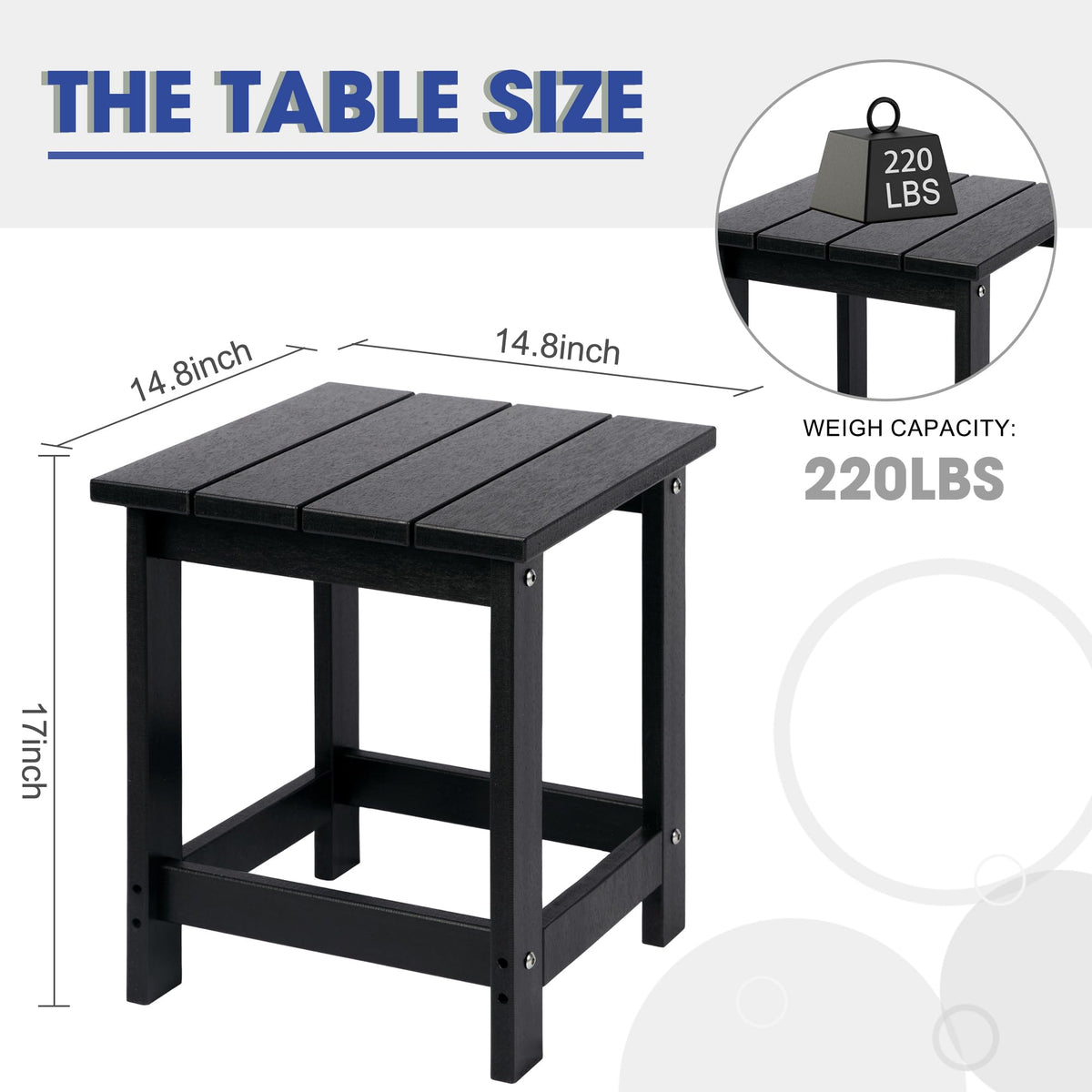 LZRS HDPE end table in black pairs with Adirondack chairs for drinks