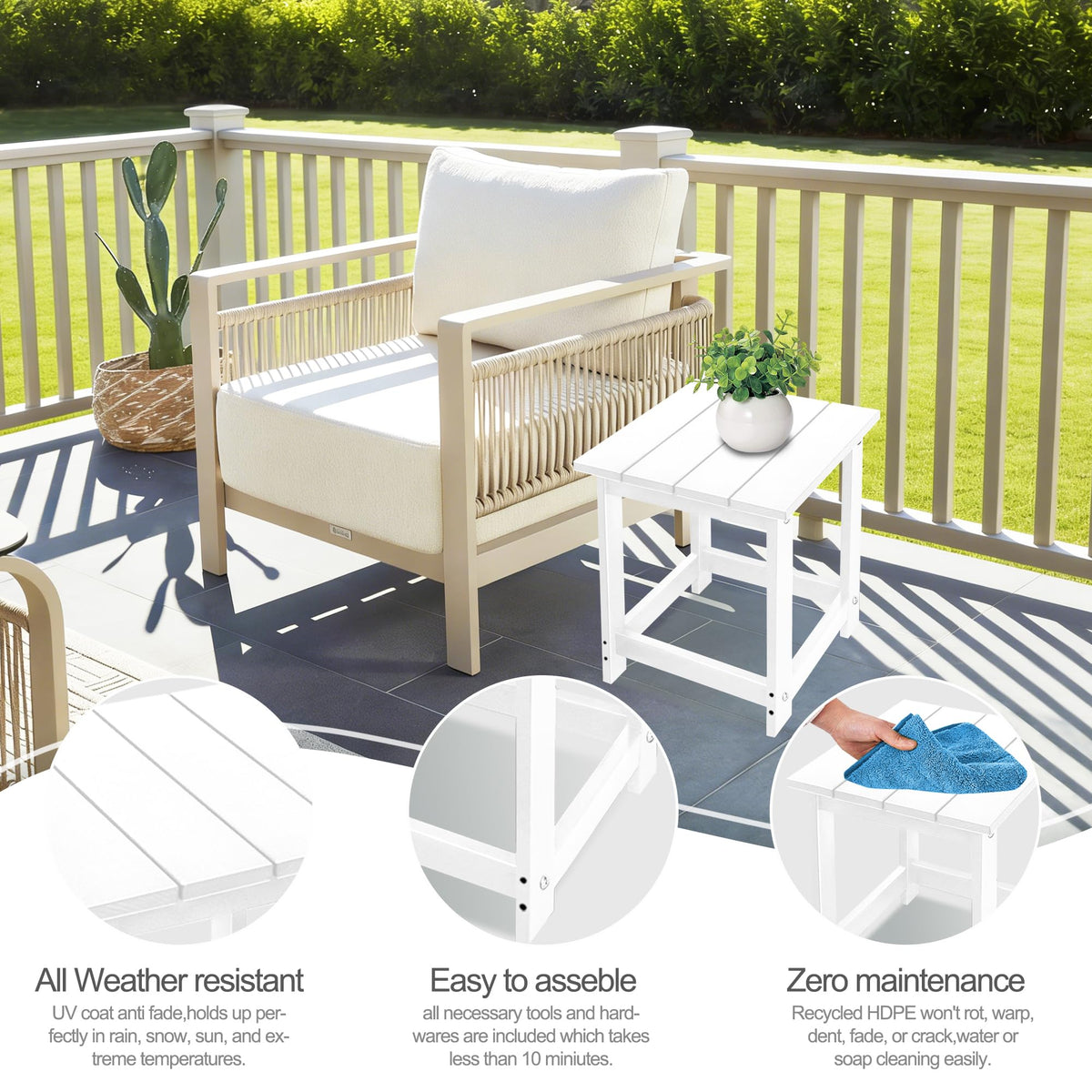 LZRS patio end table beside an Adirondack chair for drinks