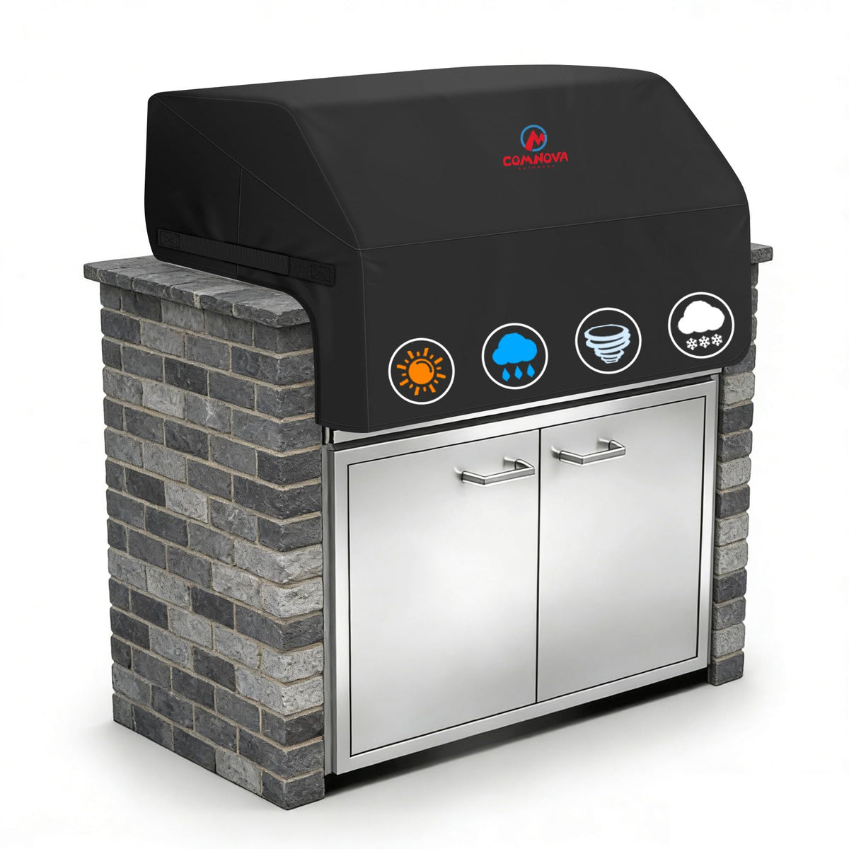 M COMNOVA OUTDOORS built-in grill cover on a 37-inch grill protects from sun and rain