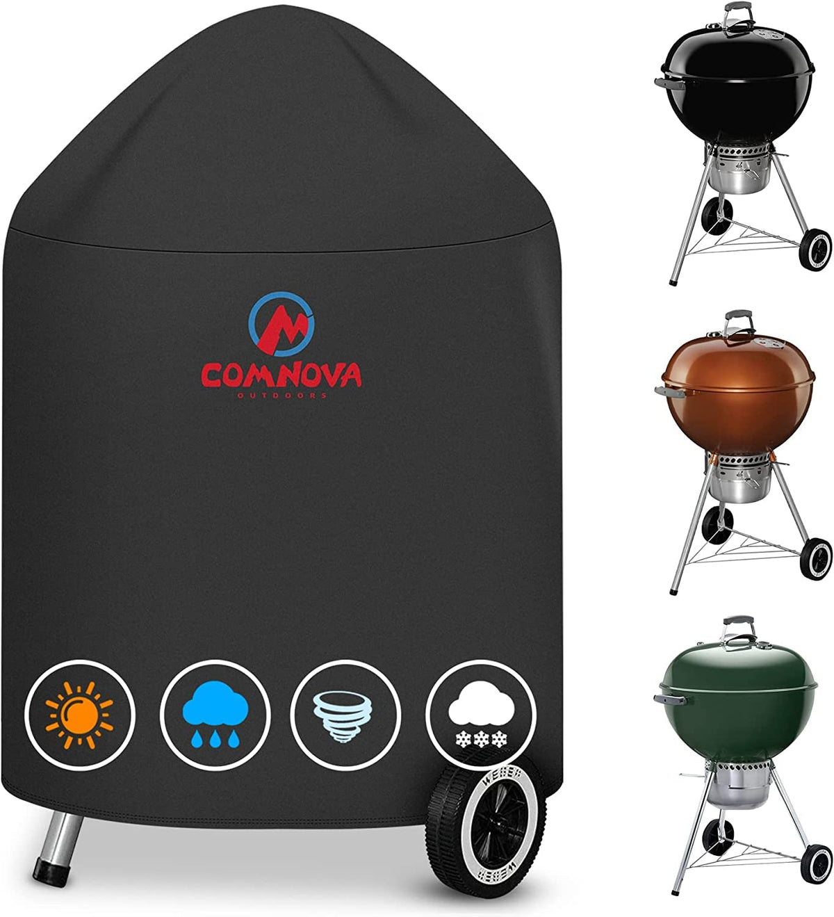 M COMNOVA OUTDOORS Comnova charcoal kettle cover protects a Weber 22-inch grill from rain.