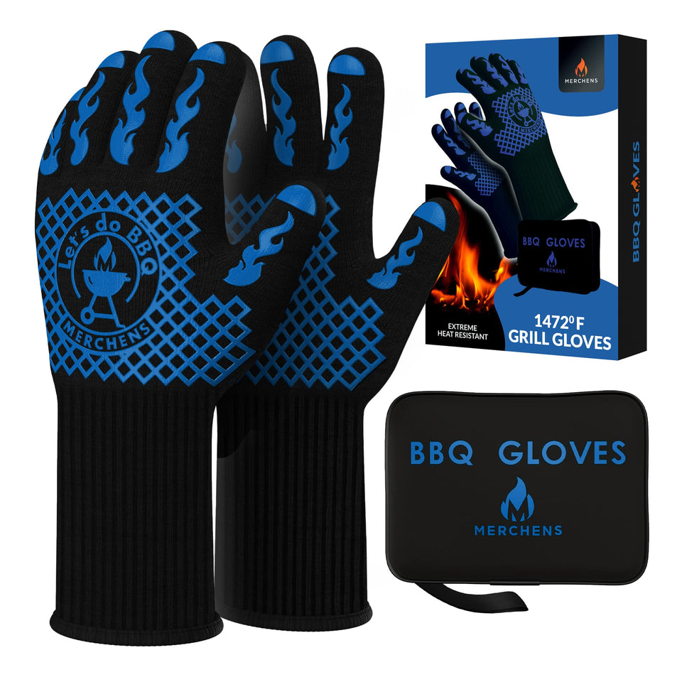 M MERCHENS BBQ gloves with 1472°F heat resistance for safer grilling.