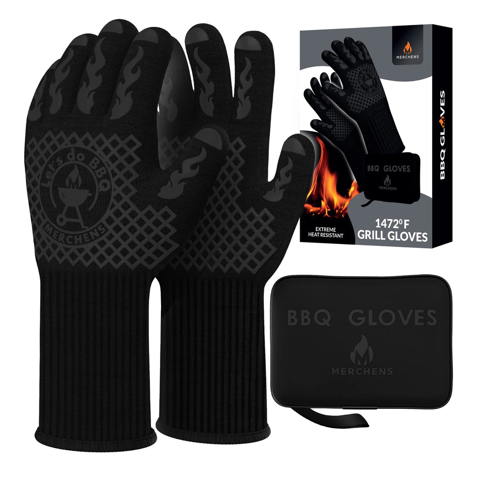 M MERCHENS BBQ gloves show 1,472°F heat resistance for grilling safety.
