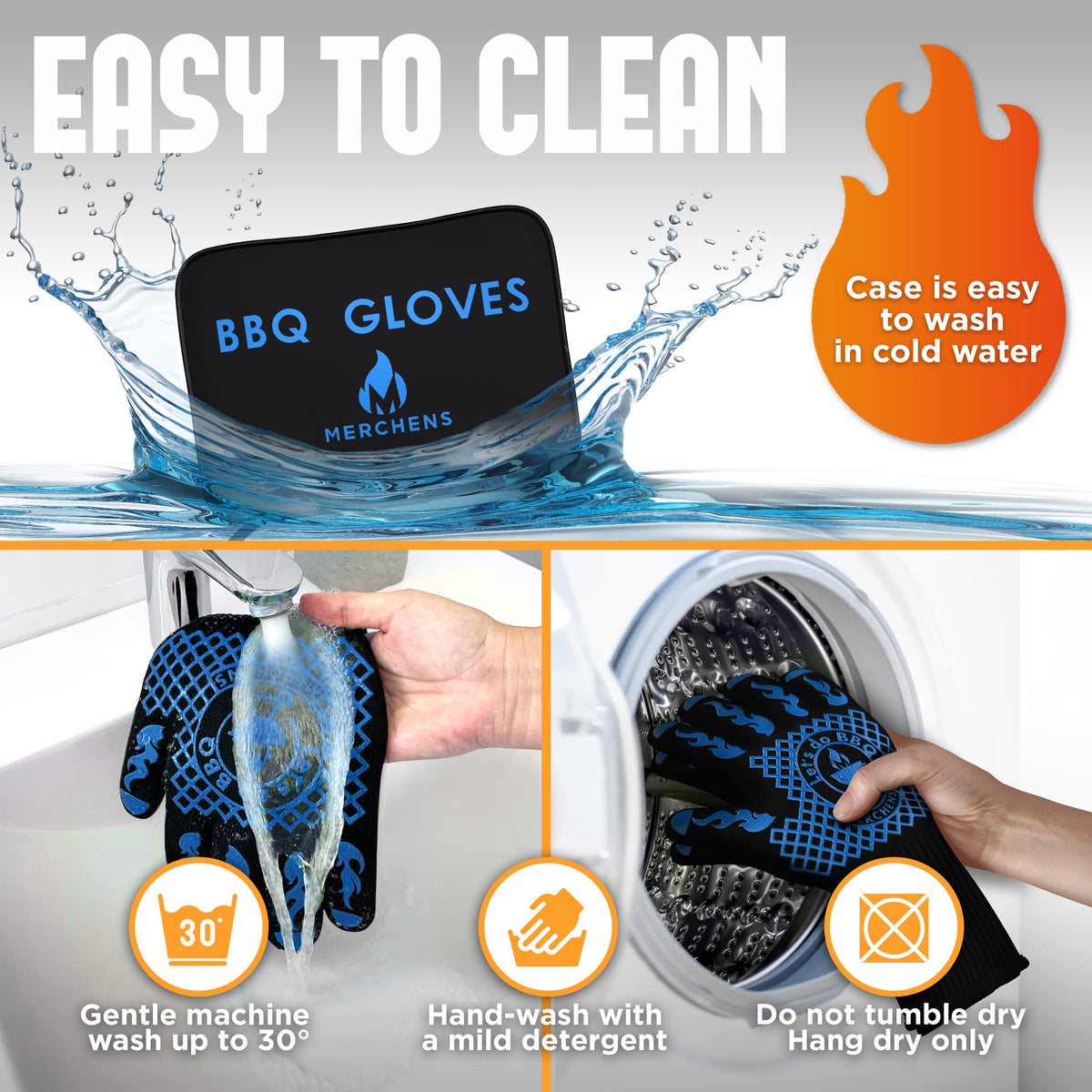 M MERCHENS easy-cleanup gloves simplify washing after barbecues and oven use.