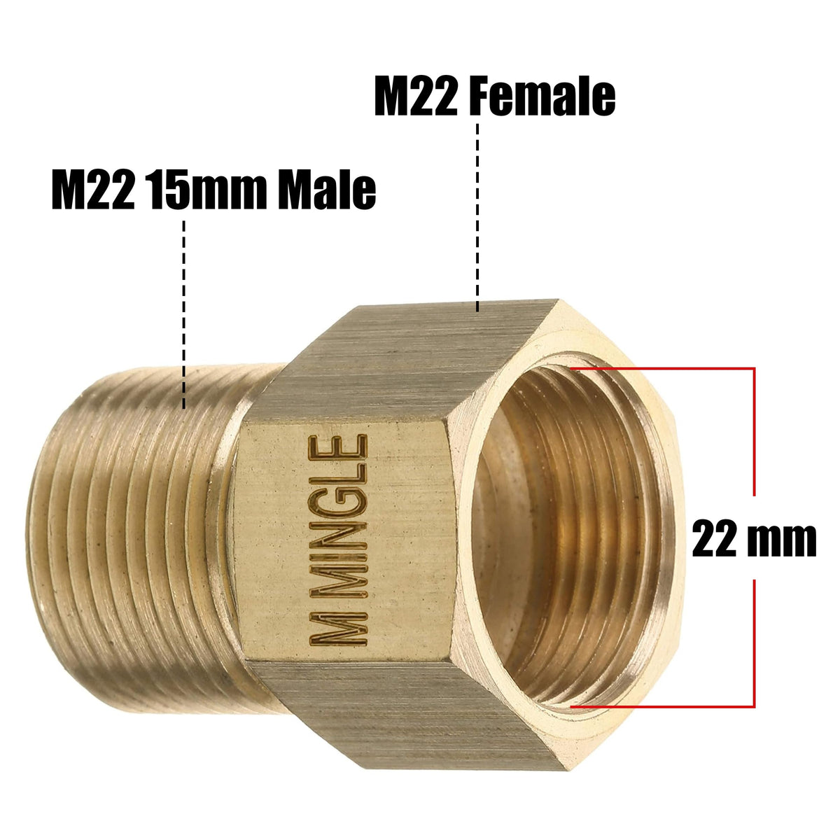 M MINGLE brass adapter for durable, corrosion-resistant pressure washer fittings.