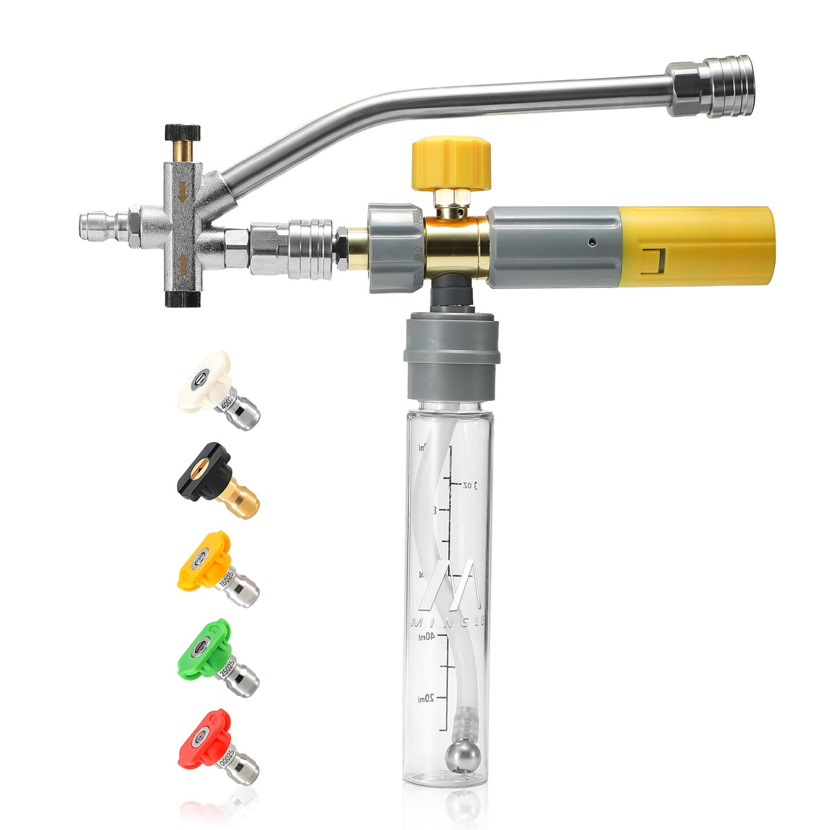 M MINGLE Mini Foam Cannon with magnetic mouth for fast, spill-free setup.