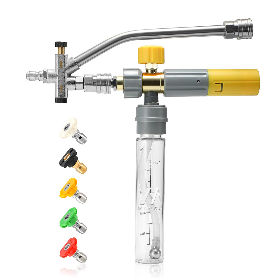 M MINGLE Mini Foam Cannon with magnetic mouth for fast, spill-free setup.
