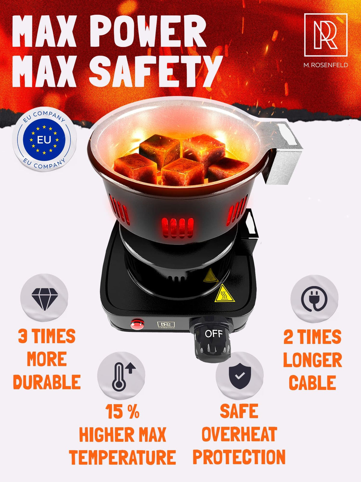 M. ROSENFELD electric charcoal starter coil evenly lights coconut charcoal briquettes.