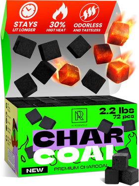 M. ROSENFELD premium coconut charcoal cubes in a 72-count pack, ready for grilling.