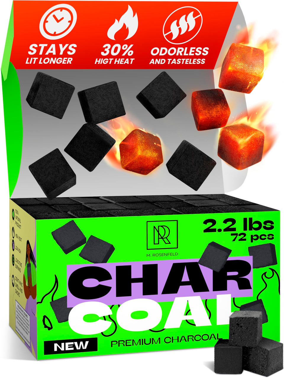 M. ROSENFELD premium coconut charcoal cubes in a 72-count pack, ready for grilling.