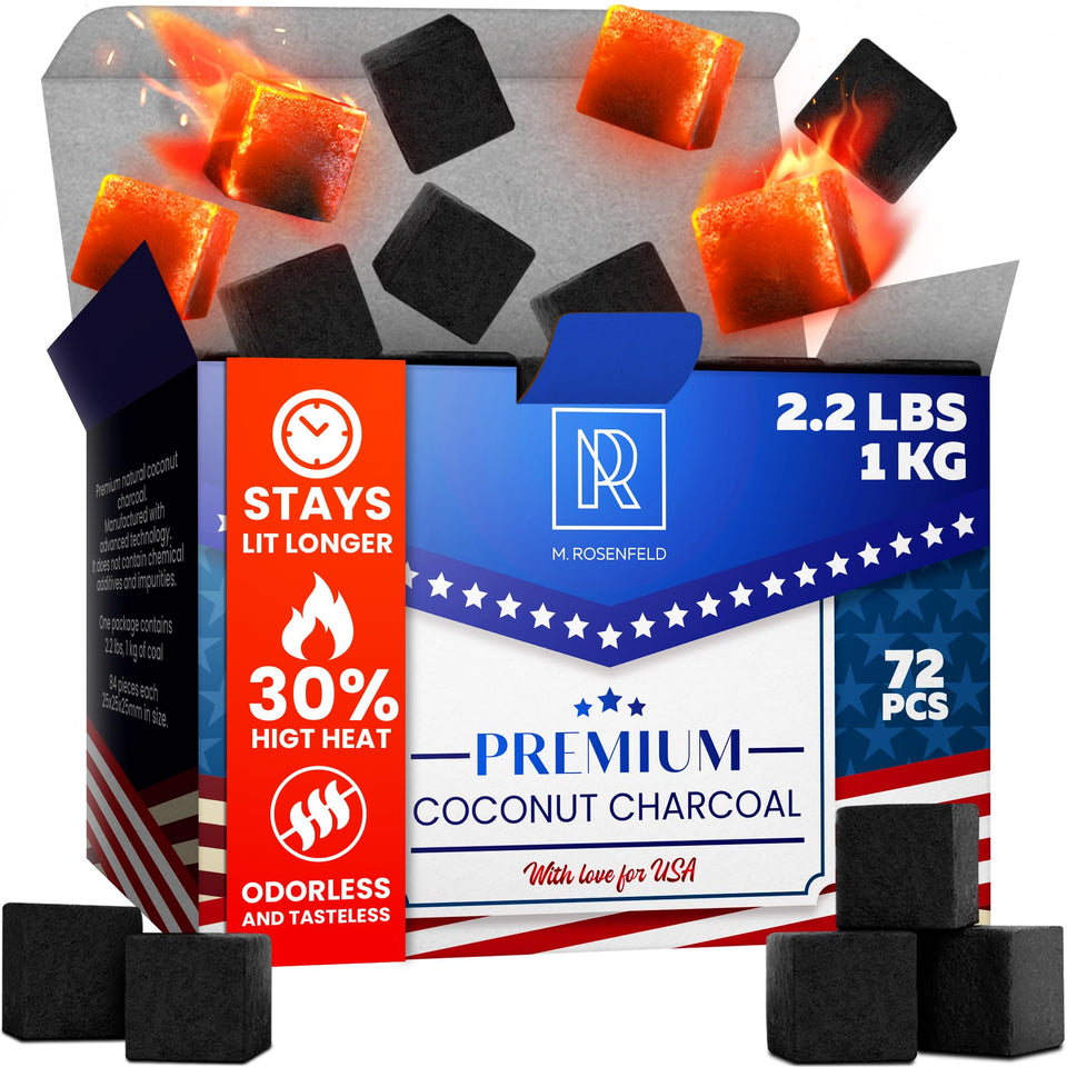M. ROSENFELD premium coconut charcoal cubes 72-pack 25mm for steady heat and long sessions.