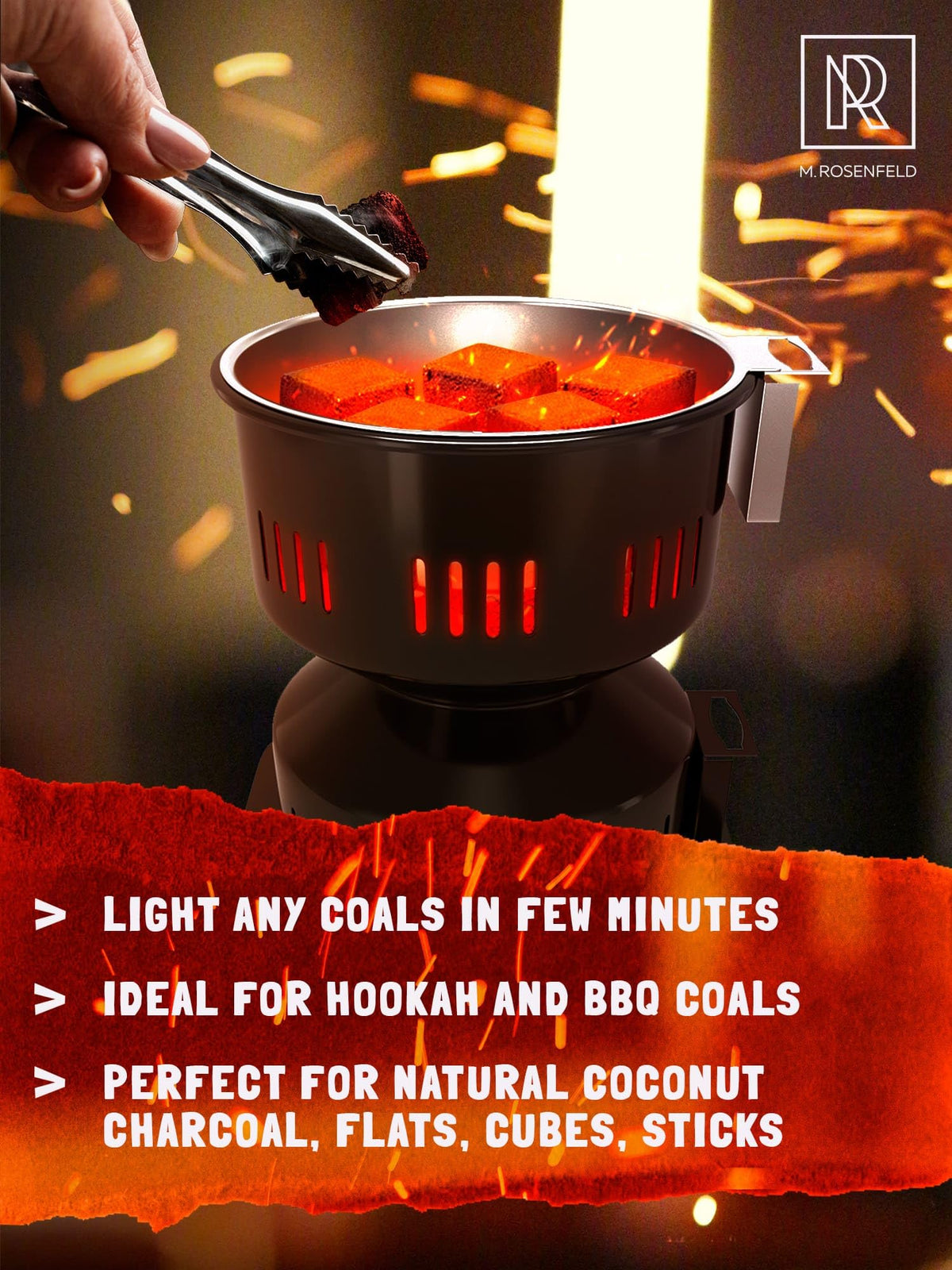 M. ROSENFELD two-in-one basket handle doubles as tongs for shifting coals.
