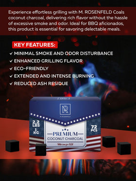 M. ROSENFELD versatile coconut charcoal for camping, BBQ, and grilling.