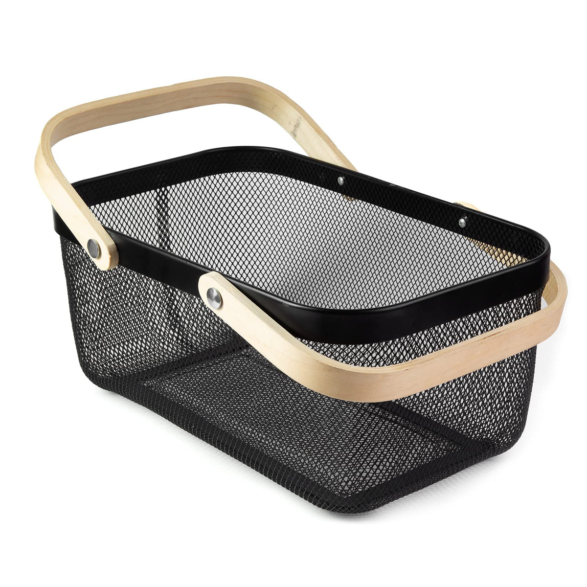 MACOIOR bamboo-handle mesh basket front view for garden harvest and easy organization.