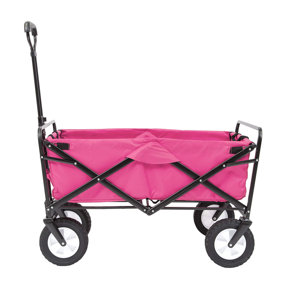 MacSports collapsible wagon in pink showing large exterior dimensions for gear transport