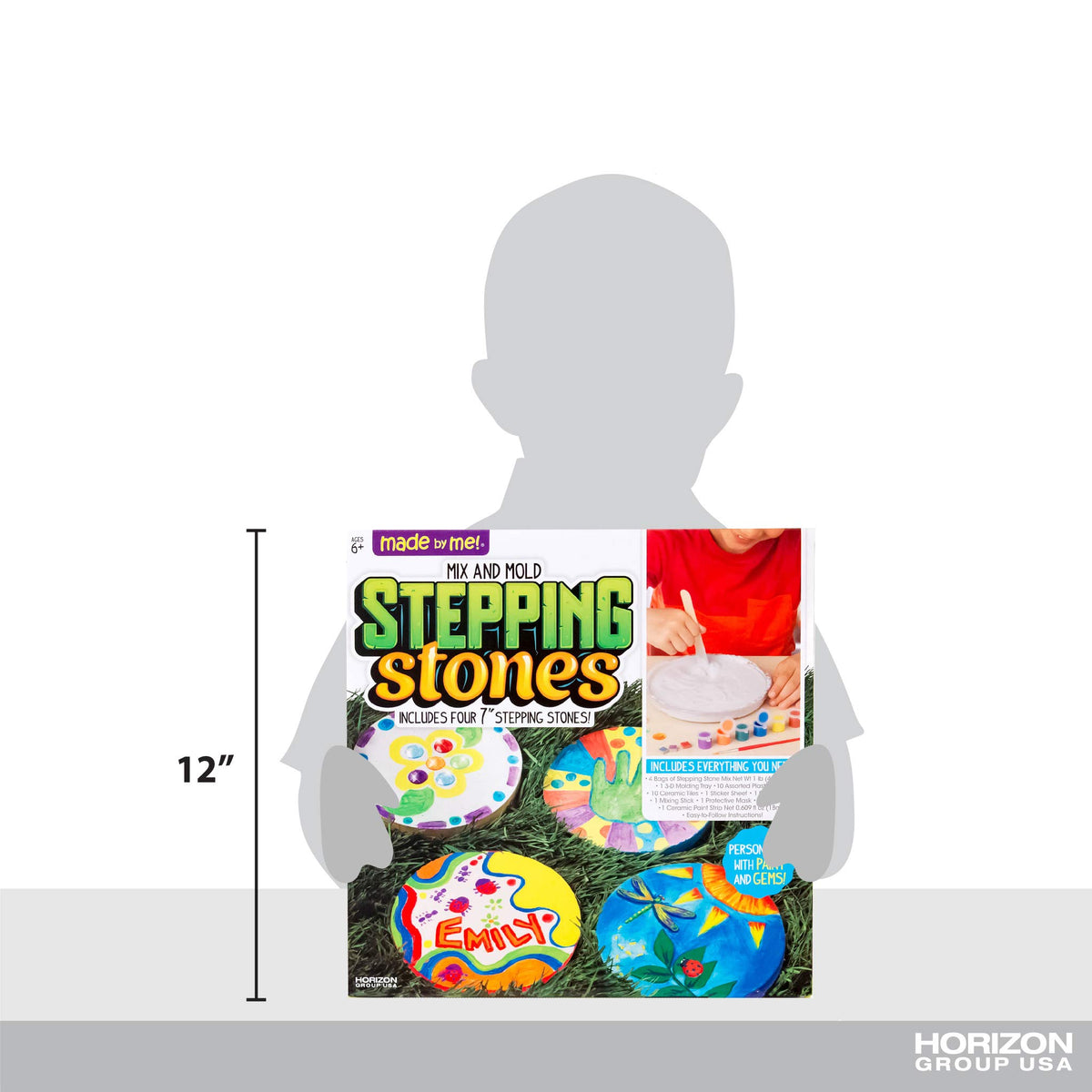 Made By Me stepping stones on display enhance indoor shelves or gardens.