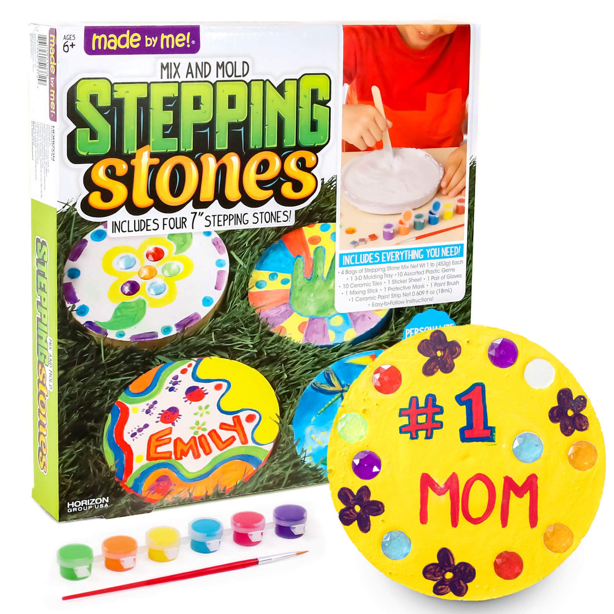 Made By Me mix and mold stepping stones setup shows four personalized keepsakes for memories.