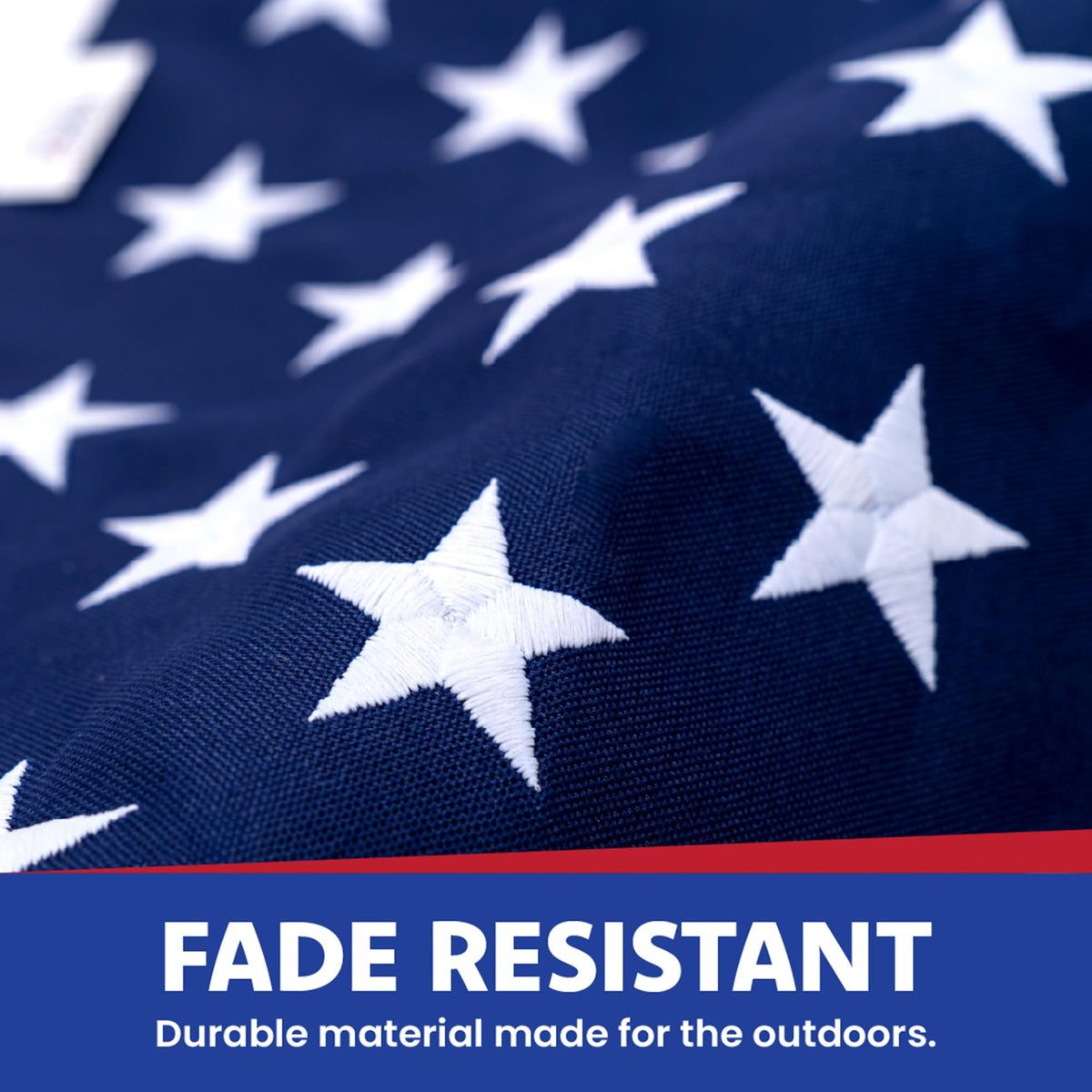 Embroidered stars and sewn stripes on Made in USA Flags Co flag