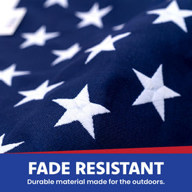 Embroidered stars and sewn stripes on Made in USA Flags Co flag