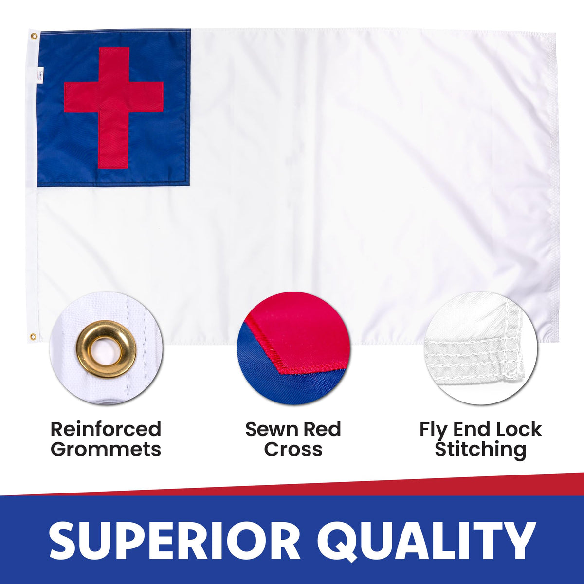 Made in USA Flags Co 3x5 Christian Flag sewn cross header for secure pole attachment
