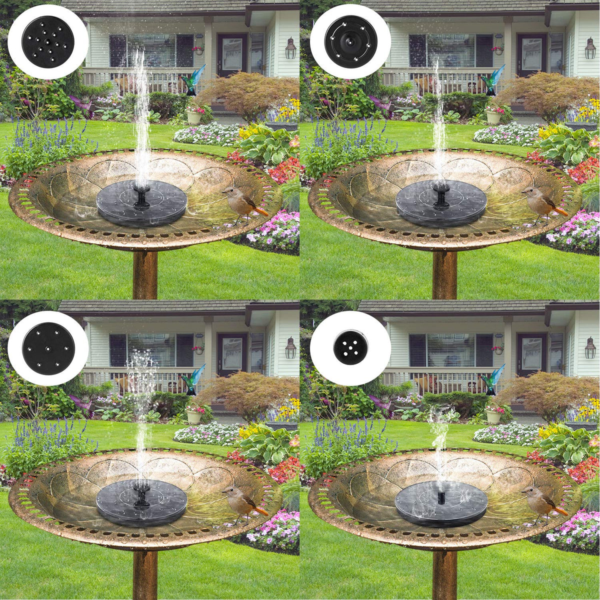 Mademax 1W solar pump nozzles enable varied fountain patterns for decorative water features.