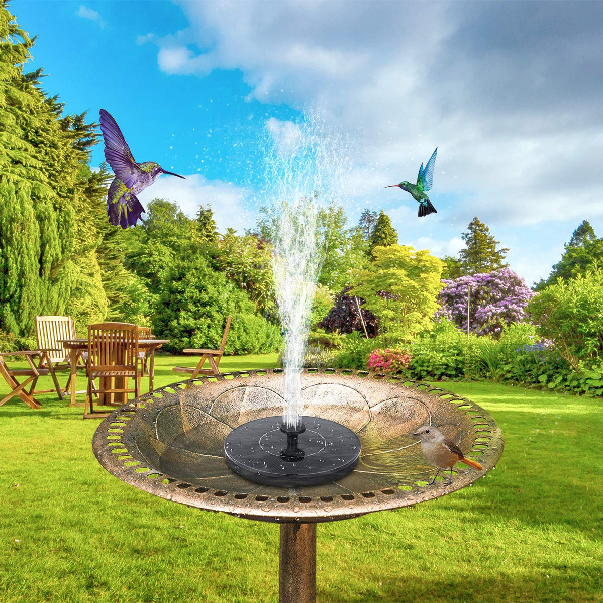 Mademax solar bird bath pump setup demonstrates easy installation in a real outdoor scene.