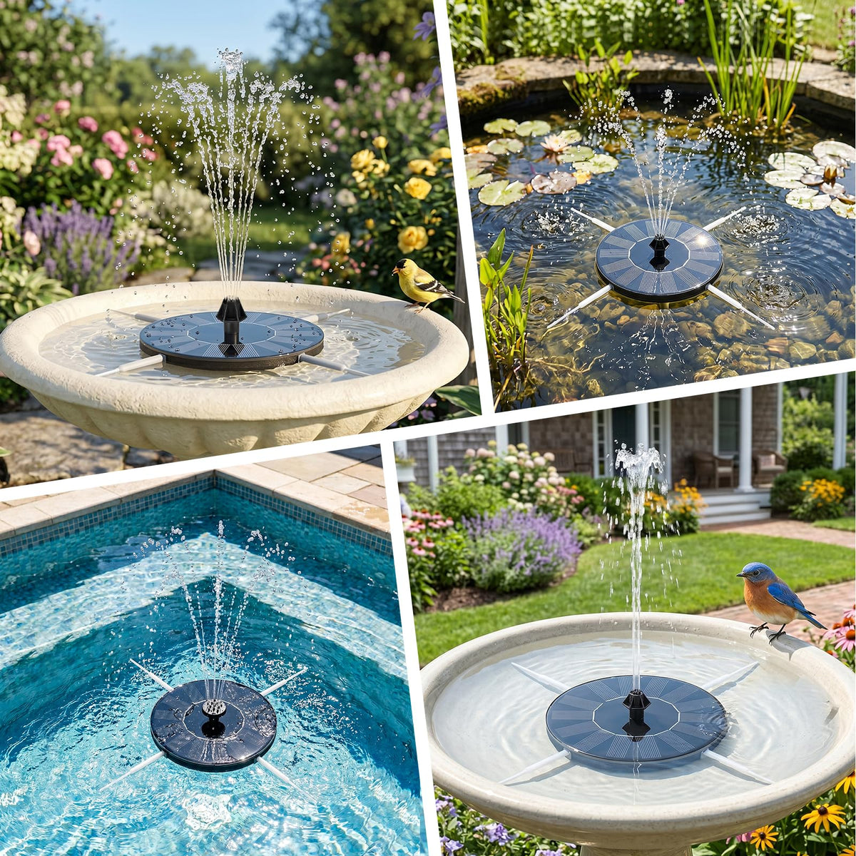 Mademax solar fountain functioning without batteries or electricity.