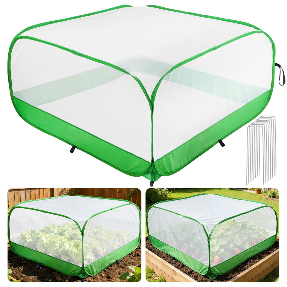 MADHOLLY pop-up garden netting in 4x4 setup protects vegetables from wildlife.
