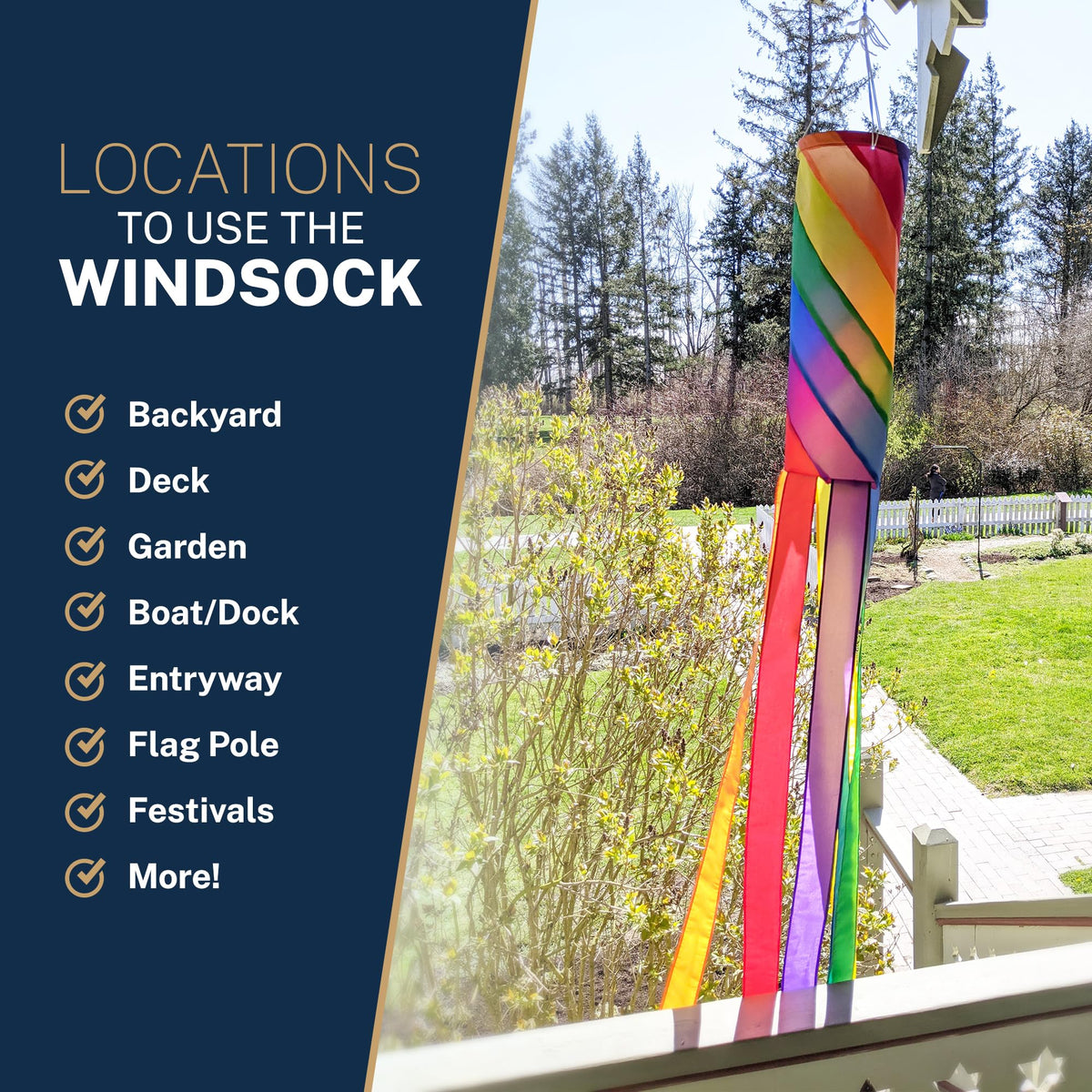 Madrona Brands Garden Windsock brightens yard spaces with playful rainbow motion.