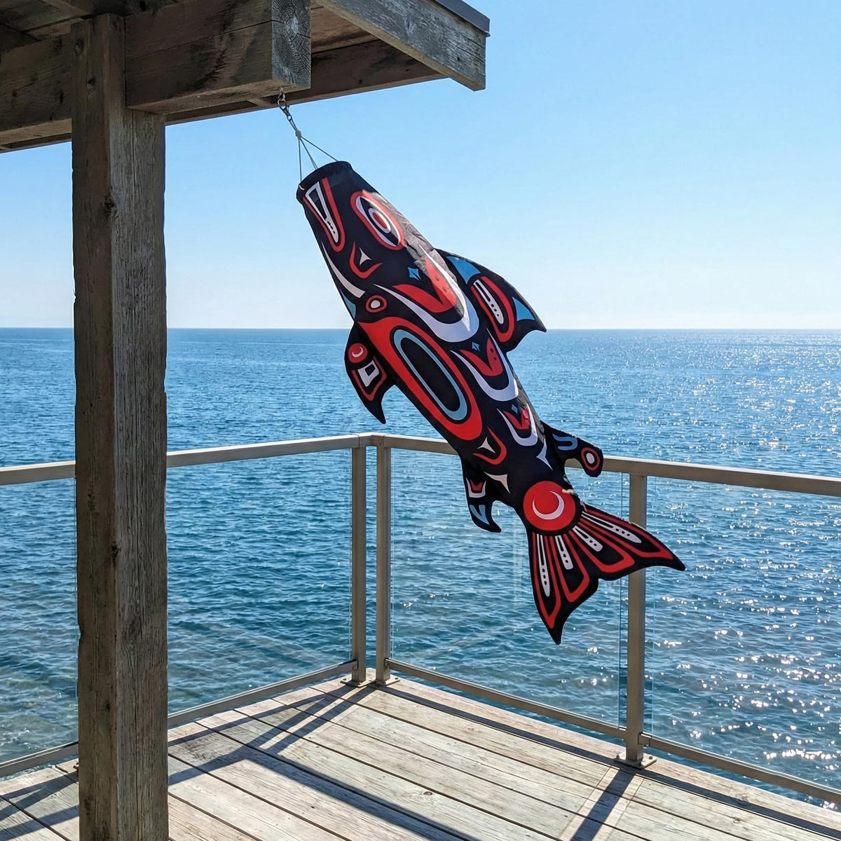 Madrona Brands Totem Salmon Windsock secure hanging with metal swivel clasp.
