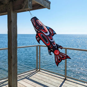 Madrona Brands Totem Salmon Windsock secure hanging with metal swivel clasp.