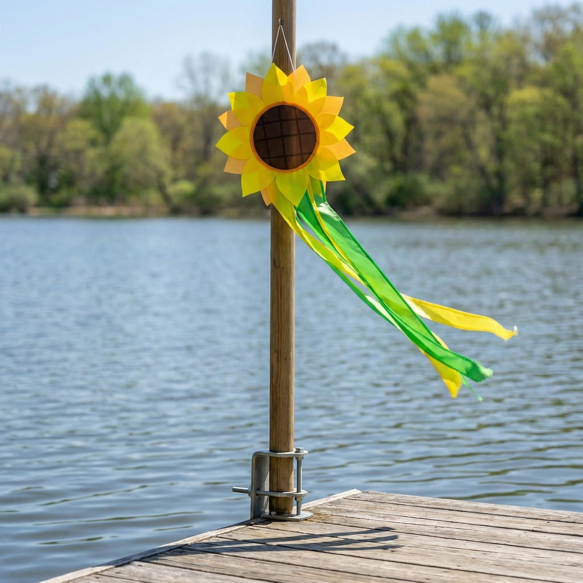 Garden entryway with Madrona Brands sunflower windsock in sunny scene