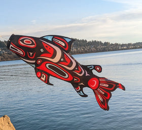 Madrona Brands Totem Salmon Windsock showcasing durable polyester fabric for all-season outdoor décor.