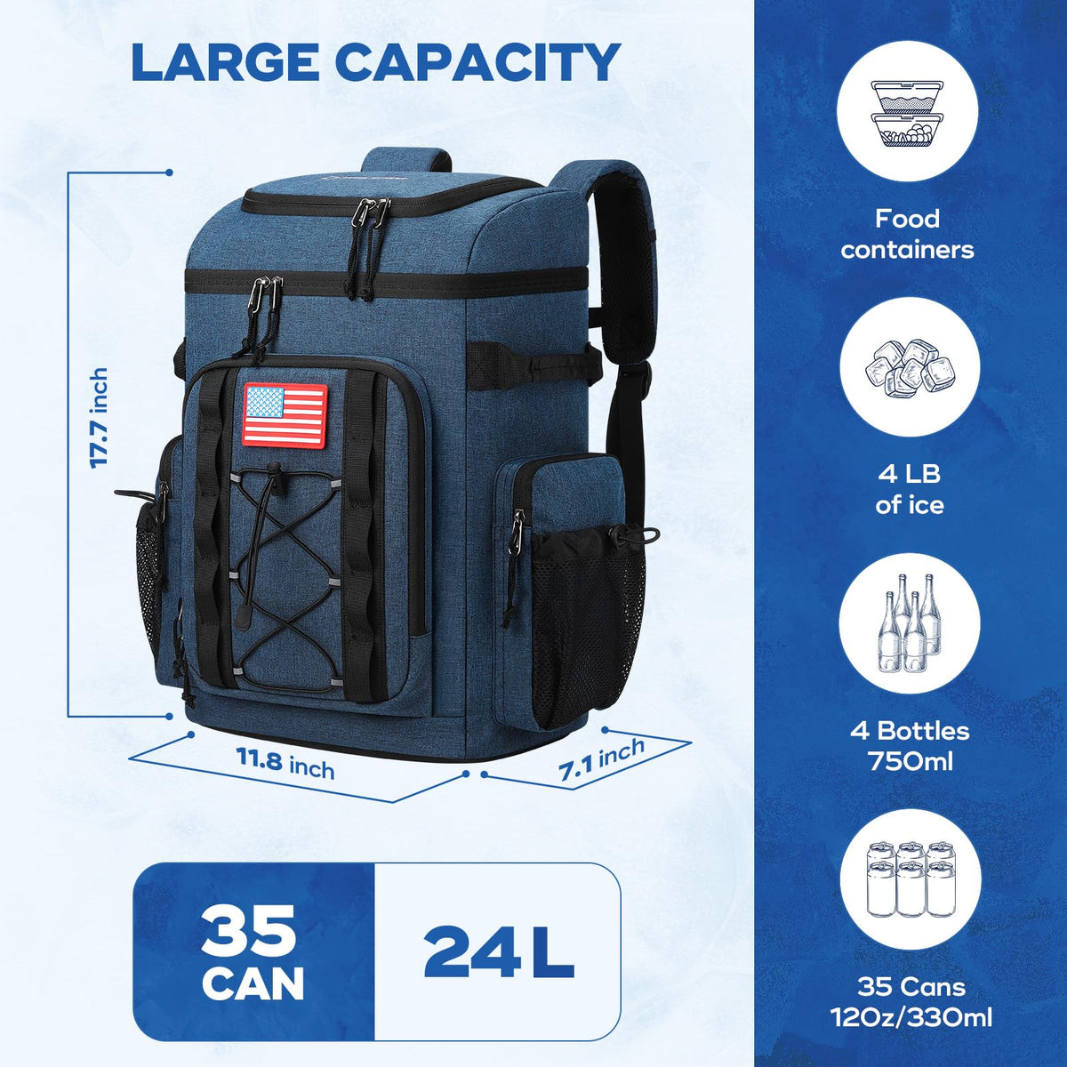 Maelstrom Backpack Cooler side pockets securely hold water bottles on the go.
