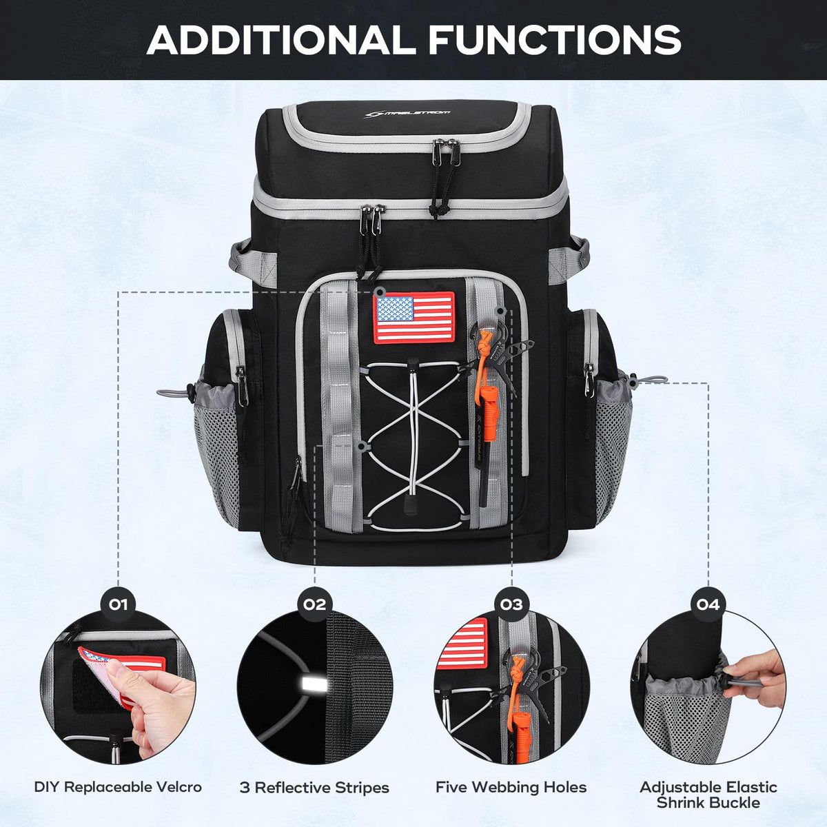 Maelstrom Backpack Cooler front pocket stores electronics and cables securely.
