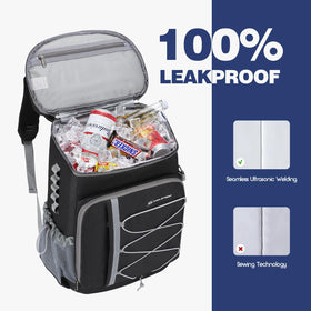 Maelstrom cooler backpack elastic rope net secures picnic mats and towels.