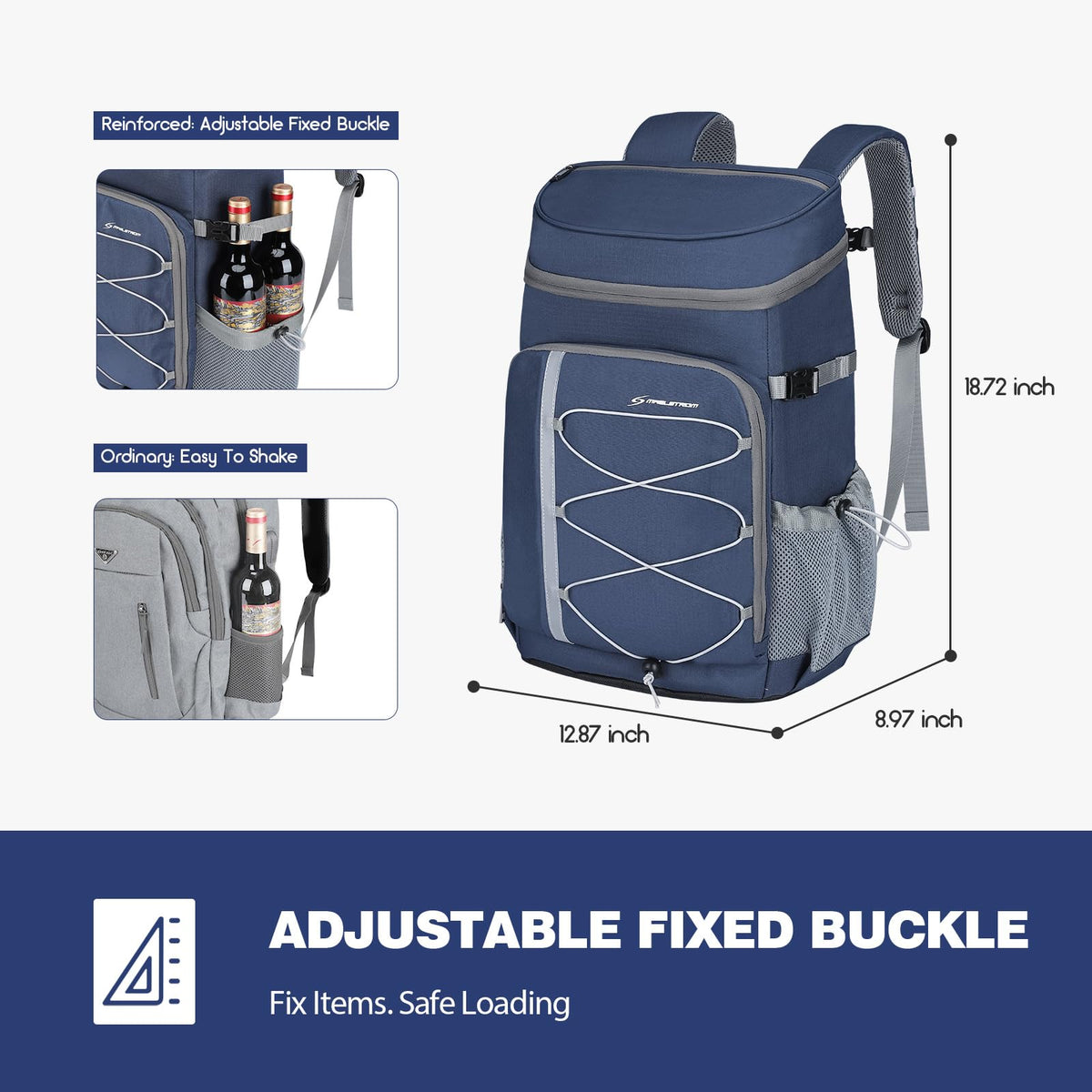 Maelstrom Cooler Backpack strap features stainless bottle opener for drinks.