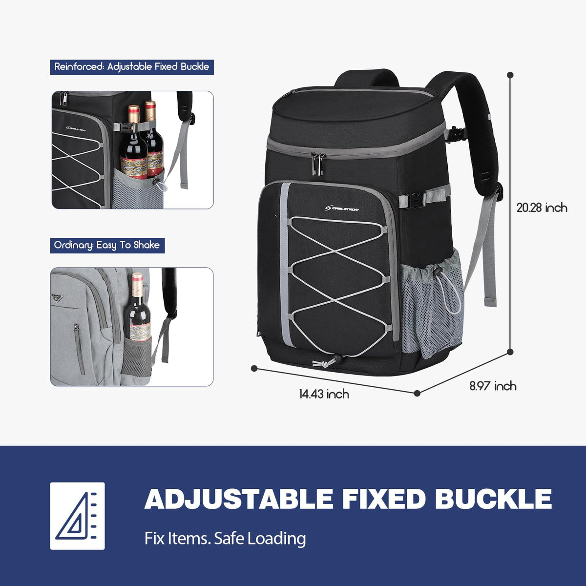 Maelstrom cooler backpack side pockets fit water bottles securely.