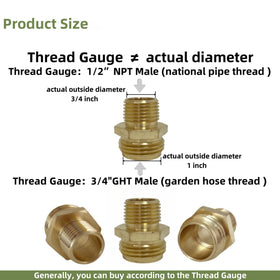 Maferliy brass connector, 3/4 GHT female to 1/2 NPT female, leak-free fit.