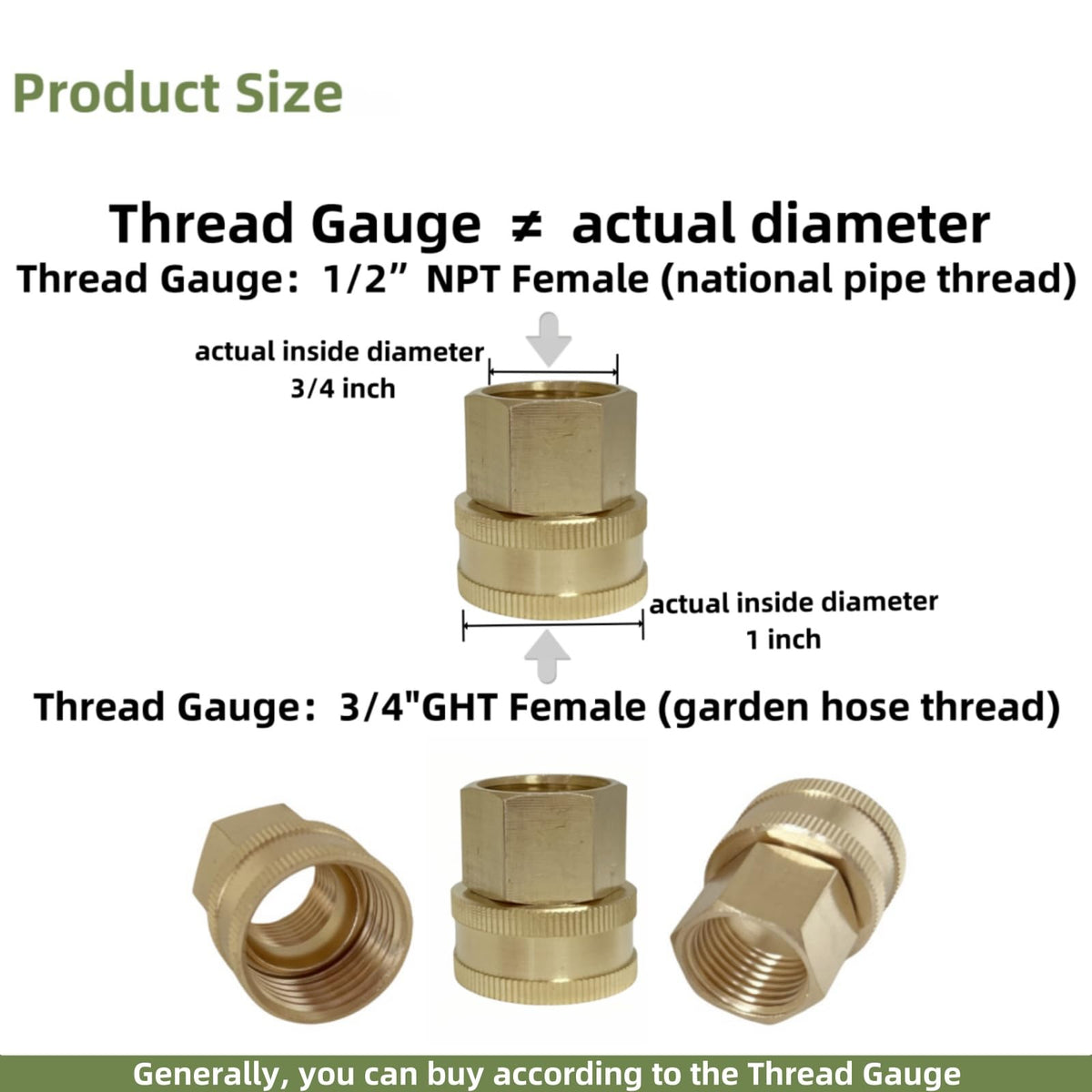 Maferliy brass connector, 3/4 GHT male to 1/2 NPT female, versatile use.